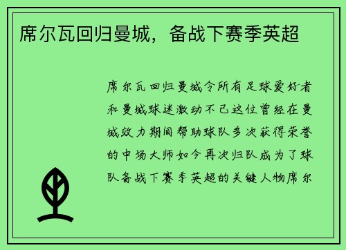 席尔瓦回归曼城，备战下赛季英超