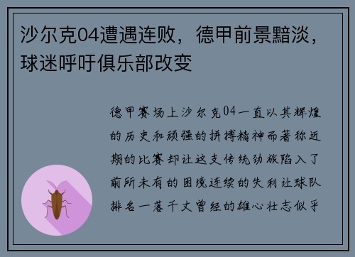 沙尔克04遭遇连败，德甲前景黯淡，球迷呼吁俱乐部改变