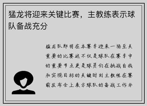 猛龙将迎来关键比赛，主教练表示球队备战充分